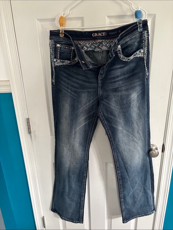 Grace in LA Denim - Grace in LA Dark Indigo Boot Cut Jeans with Embroidered Trim